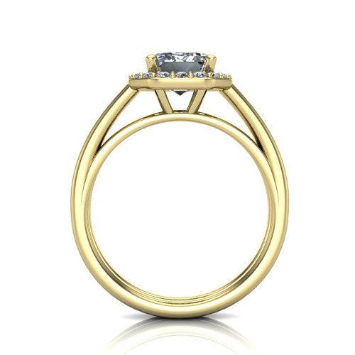 Regina emerald halo engagement ring in 18K Yellow Gold with squared pavé halo and plain split shank, through-finger front profile showing the open under-gallery