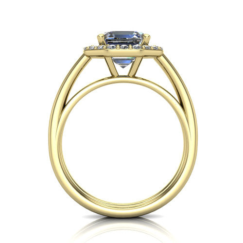 Regina asscher halo engagement ring in 14K Yellow Gold with squared pavé halo and plain split shank, through-finger front profile showing the open under-gallery