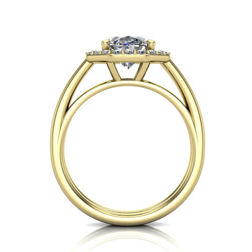 Regina oval halo engagement ring in 18K Yellow Gold with squared pavé halo and plain split shank, through-finger front profile showing the open under-gallery