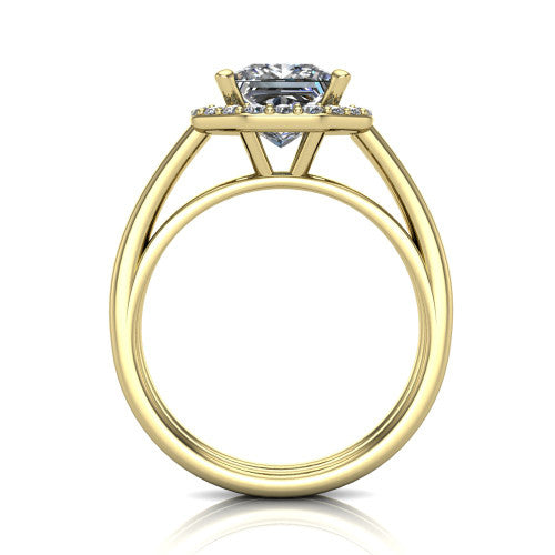 Regina princess halo engagement ring in 14K Yellow Gold with squared pavé halo and plain split shank, through-finger front profile showing the open under-gallery