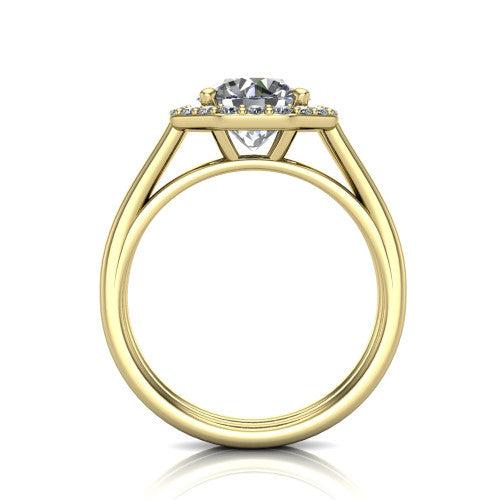 Regina round halo engagement ring in 14K Yellow Gold with squared pavé halo and plain split shank, through-finger front profile showing the open under-gallery