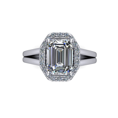 Regina emerald halo engagement ring in Platinum with squared pavé halo and plain split shank, top-down view of the squared halo