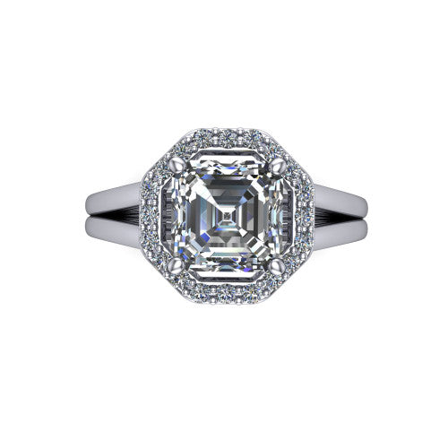 Regina asscher halo engagement ring in 18K White Gold with squared pavé halo and plain split shank, top-down view of the squared halo