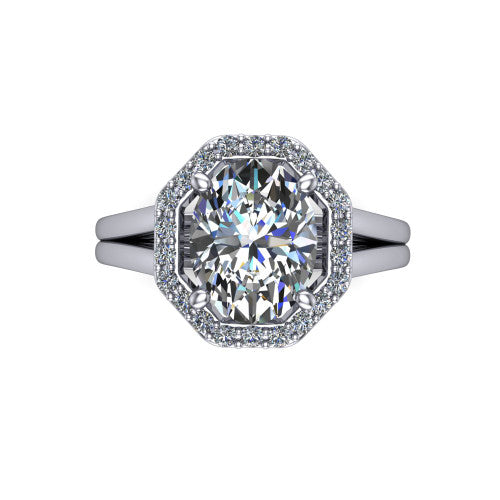 Regina oval halo engagement ring in 18K White Gold with squared pavé halo and plain split shank, top-down view of the squared halo