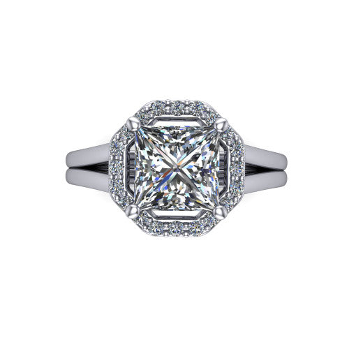Regina princess halo engagement ring in 14K White Gold with squared pavé halo and plain split shank, top-down view of the squared halo