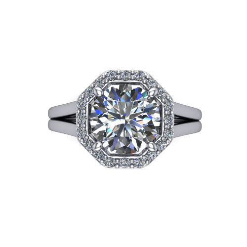 Regina round halo engagement ring in 14K White Gold with squared pavé halo and plain split shank, top-down view of the squared halo