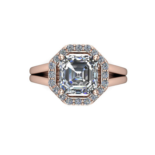Regina asscher halo engagement ring in 14K Rose Gold with squared pavé halo and plain split shank, top-down view of the squared halo