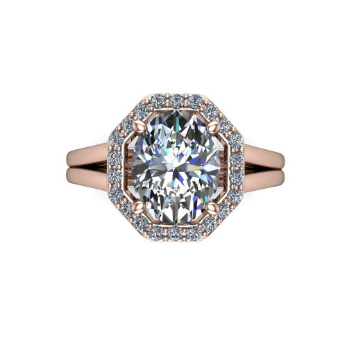 Regina oval halo engagement ring in 14K Rose Gold with squared pavé halo and plain split shank, top-down view of the squared halo