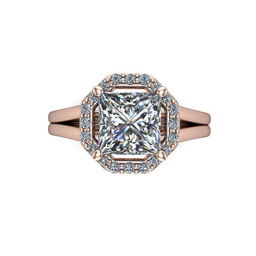 Regina princess halo engagement ring in 14K Rose Gold with squared pavé halo and plain split shank, top-down view of the squared halo