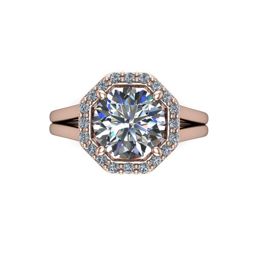 Regina round halo engagement ring in 14K Rose Gold with squared pavé halo and plain split shank, top-down view of the squared halo