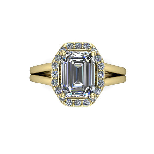 Regina emerald halo engagement ring in 18K Yellow Gold with squared pavé halo and plain split shank, top-down view of the squared halo