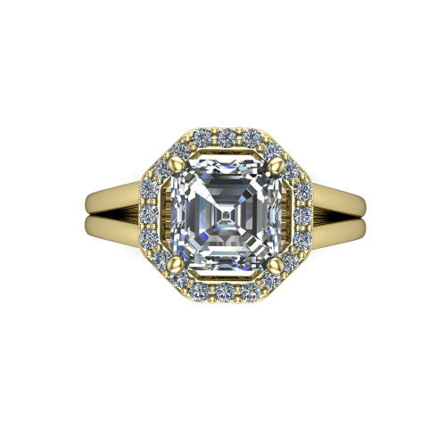 Regina asscher halo engagement ring in 14K Yellow Gold with squared pavé halo and plain split shank, top-down view of the squared halo