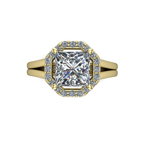 Regina princess halo engagement ring in 14K Yellow Gold with squared pavé halo and plain split shank, top-down view of the squared halo