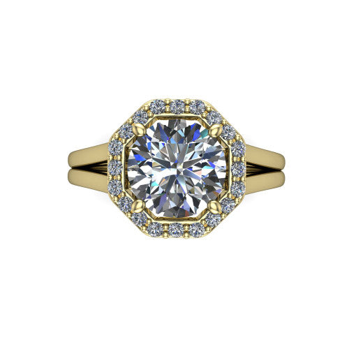 Regina round halo engagement ring in 14K Yellow Gold with squared pavé halo and plain split shank, top-down view of the squared halo