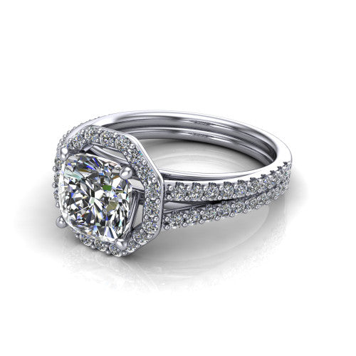 Briella Cushion Shape Halo Engagement Ring in 14K White Gold