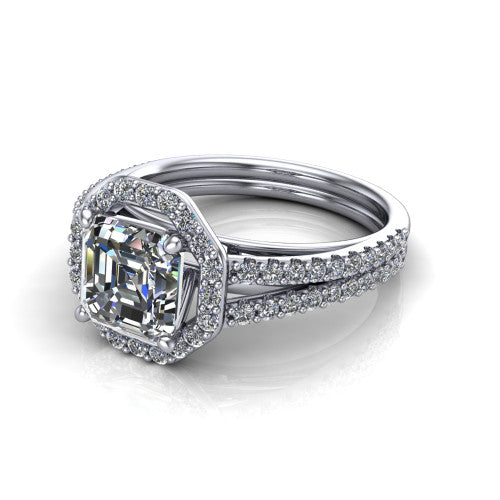 Briella Square Emerald Shape Halo Engagement Ring in 18K White Gold
