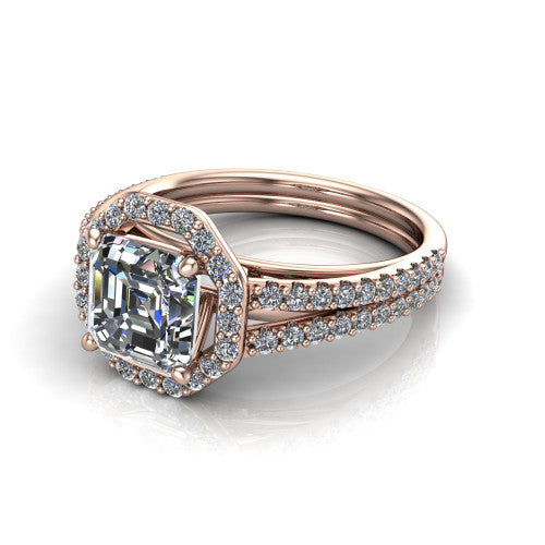 Briella Square Emerald Shape Halo Engagement Ring in 14K Rose Gold