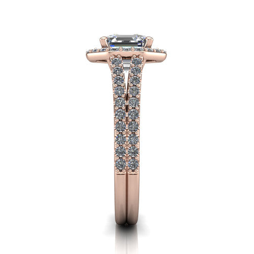 Briella Square Emerald Shape Halo Engagement Ring in 18K Rose Gold