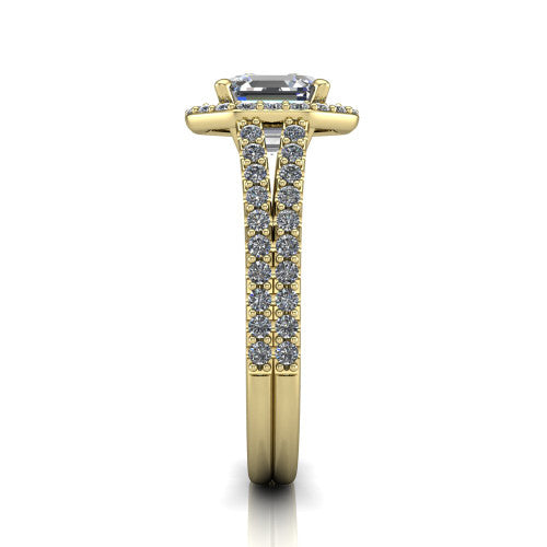 Briella Square Emerald Shape Halo Engagement Ring in 18K Yellow Gold