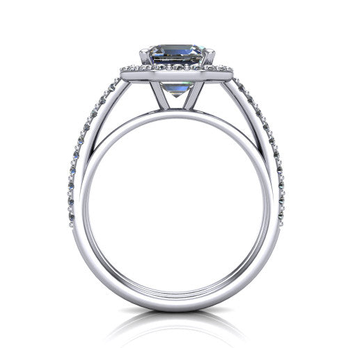 Briella Square Emerald Shape Halo Engagement Ring in 18K White Gold