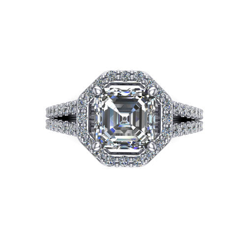 Briella Square Emerald Shape Halo Engagement Ring in 18K White Gold