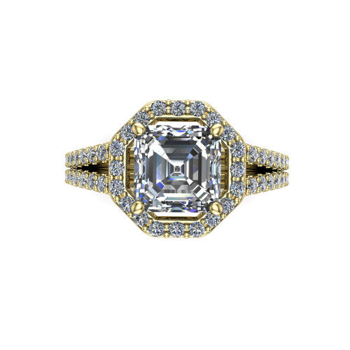 Briella Square Emerald Shape Halo Engagement Ring in 18K Yellow Gold