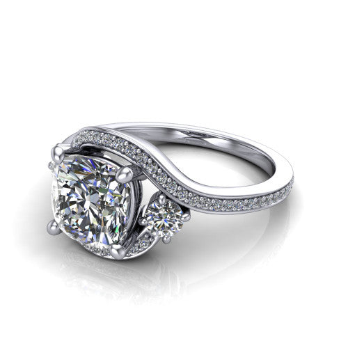 Sawyer cushion halo engagement ring in 14K White Gold with squared pavé halo and bypass pavé shank, three-quarter perspective view