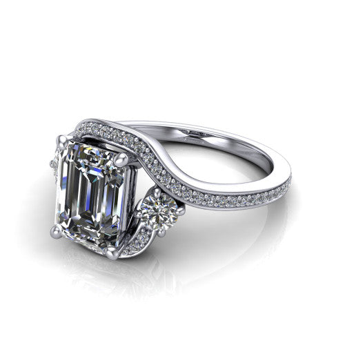 Sawyer emerald halo engagement ring in 14K White Gold with squared pavé halo and bypass pavé shank, three-quarter perspective view