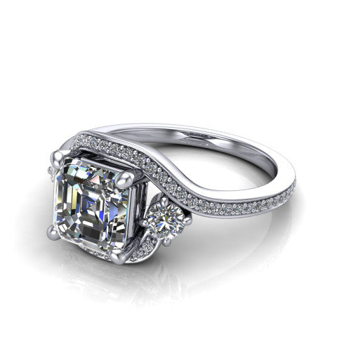 Sawyer asscher halo engagement ring in Platinum with squared pavé halo and bypass pavé shank, three-quarter perspective view