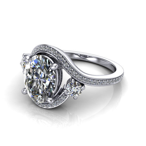 Sawyer oval halo engagement ring in 14K White Gold with squared pavé halo and bypass pavé shank, three-quarter perspective view