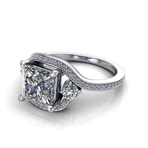 Sawyer princess halo engagement ring in 14K White Gold with squared pavé halo and bypass pavé shank, three-quarter perspective view