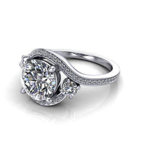 Sawyer round halo engagement ring in 14K White Gold with squared pavé halo and bypass pavé shank, three-quarter perspective view