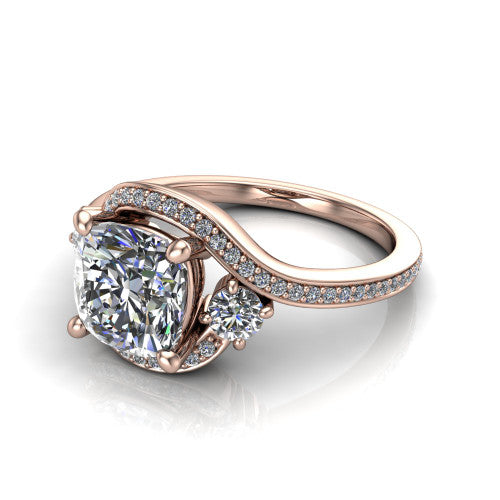 Sawyer cushion halo engagement ring in 14K Rose Gold with squared pavé halo and bypass pavé shank, three-quarter perspective view