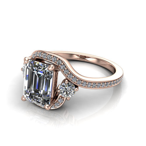 Sawyer emerald halo engagement ring in 18K Rose Gold with squared pavé halo and bypass pavé shank, three-quarter perspective view