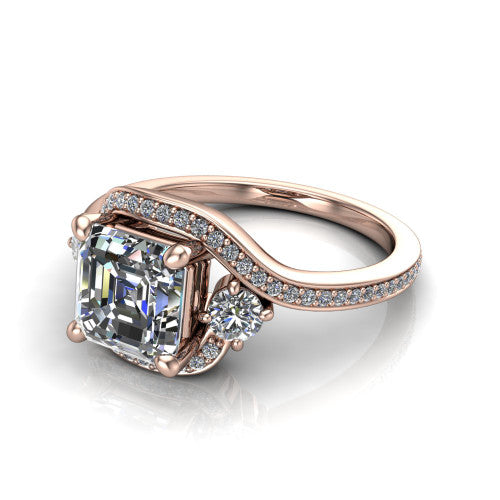 Sawyer asscher halo engagement ring in 18K Rose Gold with squared pavé halo and bypass pavé shank, three-quarter perspective view