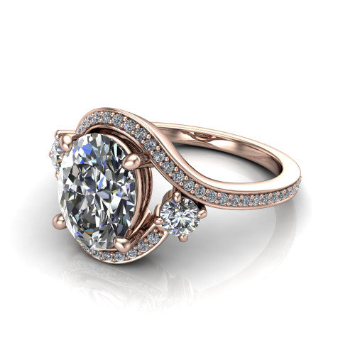 Sawyer oval halo engagement ring in 14K Rose Gold with squared pavé halo and bypass pavé shank, three-quarter perspective view