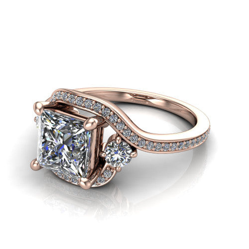 Sawyer princess halo engagement ring in 18K Rose Gold with squared pavé halo and bypass pavé shank, three-quarter perspective view