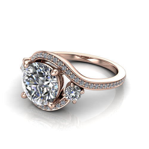 Sawyer round halo engagement ring in 14K Rose Gold with squared pavé halo and bypass pavé shank, three-quarter perspective view