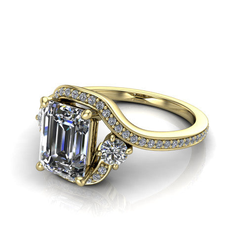 Sawyer emerald halo engagement ring in 14K Yellow Gold with squared pavé halo and bypass pavé shank, three-quarter perspective view
