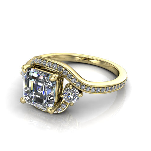 Sawyer asscher halo engagement ring in 18K Yellow Gold with squared pavé halo and bypass pavé shank, three-quarter perspective view