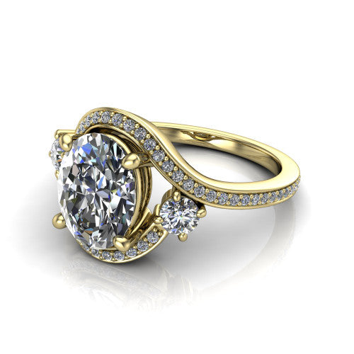 Sawyer oval halo engagement ring in 14K Yellow Gold with squared pavé halo and bypass pavé shank, three-quarter perspective view