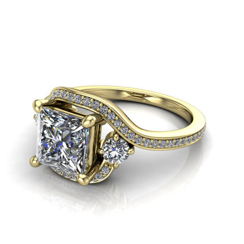 Sawyer princess halo engagement ring in 14K Yellow Gold with squared pavé halo and bypass pavé shank, three-quarter perspective view