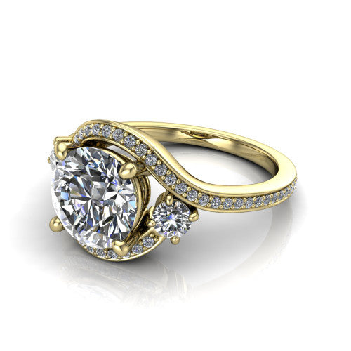 Sawyer round halo engagement ring in 14K Yellow Gold with squared pavé halo and bypass pavé shank, three-quarter perspective view
