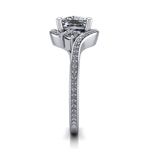 Sawyer cushion halo engagement ring in 14K White Gold with squared pavé halo and bypass pavé shank, side profile showing the bypass pavé shank