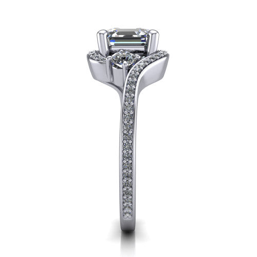 Sawyer asscher halo engagement ring in 14K White Gold with squared pavé halo and bypass pavé shank, side profile showing the bypass pavé shank