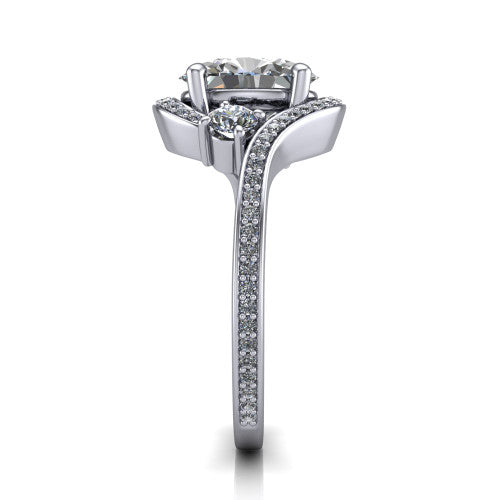 Sawyer oval halo engagement ring in Platinum with squared pavé halo and bypass pavé shank, side profile showing the bypass pavé shank