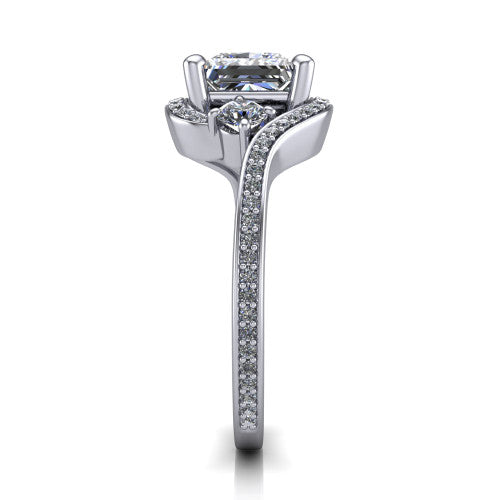 Sawyer princess halo engagement ring in Platinum with squared pavé halo and bypass pavé shank, side profile showing the bypass pavé shank