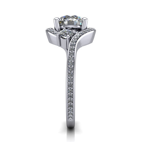 Sawyer round halo engagement ring in 14K White Gold with squared pavé halo and bypass pavé shank, side profile showing the bypass pavé shank