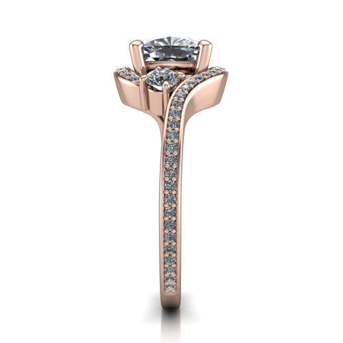 Sawyer cushion halo engagement ring in 14K Rose Gold with squared pavé halo and bypass pavé shank, side profile showing the bypass pavé shank