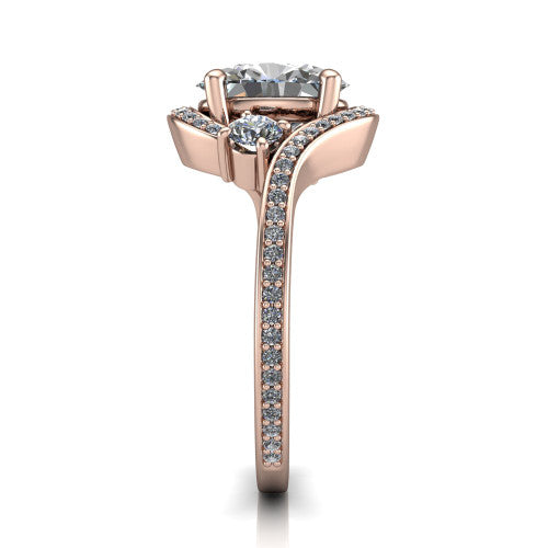 Sawyer oval halo engagement ring in 18K Rose Gold with squared pavé halo and bypass pavé shank, side profile showing the bypass pavé shank
